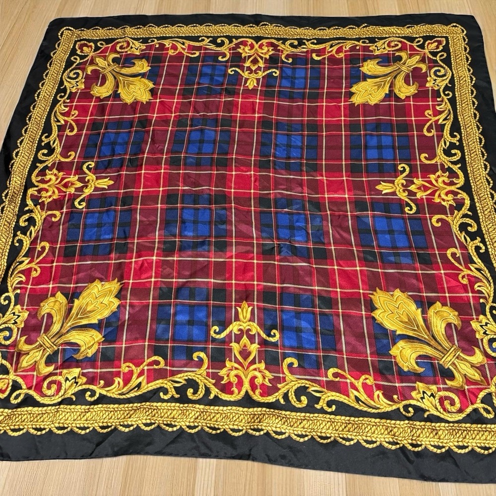 Talbots Scarf 100% Silk Blue‎ Red Mustard Square Vintage